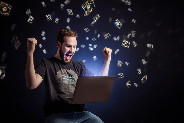 KKDB Games — Discover modern slots and table adventures A man celebrating a winning moment on his laptop while gaming symbols float around him, capturing the excitement of KKDB games.