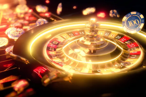 KKDB Live Games — Take part in high-energy casino action A glowing roulette wheel with cascading chips, symbolizing the engaging live and instant-win games available on KKDB.